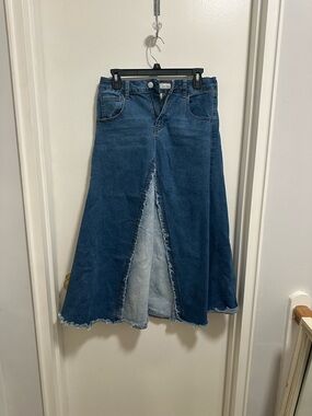 Denim A-Line Maxi Skirt with Front Panel - Blue